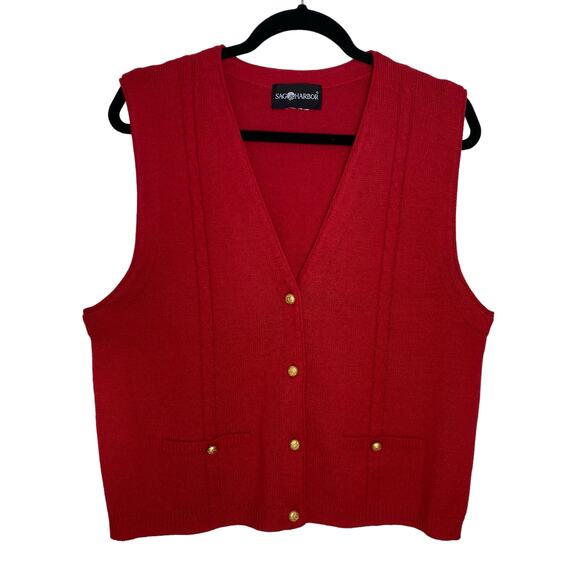 Sag Harbor Vintage Knit 90s Red Grandpacore Sweater Vest grandma gold button M - Picture 1 of 7